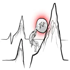 Człowiek dźwiga kamień z symbolem K+ na tle wykresu EKG, symbolizując ciężar hiperkaliemii.