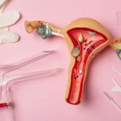 Model narządu rodnego z widocznymi zmianami, jak mięśniaki, sugerującymi hipertrofię. Obok rękawiczki, wziernik i narzędzia ginekologiczne.
