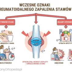 Wczesne oznaki RZ: sztywność stawu (np. trudność z chwytaniem kubka), objawy systemowe: utrata apetytu, zmęczenie, gorączka.
