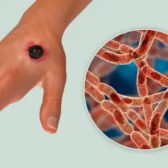 Dłoń z czarną martwicą, objawem skórnej postaci wąglika, obok powiększone bakterie Bacillus anthracis.