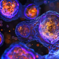 Komórki nowotworowe, przypominające te w neuroblastoma, pulsują jaskrawym, pomarańczowym światłem w otoczeniu niebieskich, organicznych struktur.