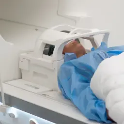 Pacjent w niebieskim fartuchu leży w aparacie MRI. Czas badania, czyli ile trwa rezonans głowy, zależy od wielu czynników.
