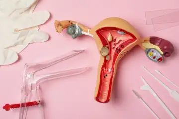 Model narządu rodnego z widocznymi zmianami, jak mięśniaki, sugerującymi hipertrofię. Obok rękawiczki, wziernik i narzędzia ginekologiczne.