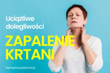 Kobieta z zamkniętymi oczami i wyrazem bólu na twarzy trzyma się za szyję, wskazując na uciążliwe dolegliwości, zapalenie krtani.