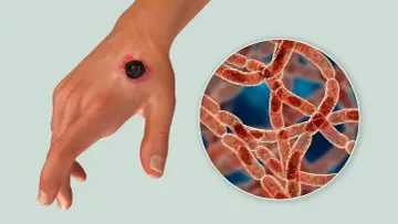 Dłoń z czarną martwicą, objawem skórnej postaci wąglika, obok powiększone bakterie Bacillus anthracis.