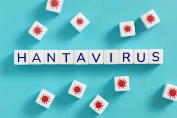 Białe kostki z literami tworzą napis "HANTAWIRUS". Inne kostki przedstawiają czerwone symbole wirusa, symbolizujące hantawirus objawy.