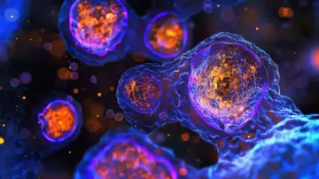 Komórki nowotworowe, przypominające te w neuroblastoma, pulsują jaskrawym, pomarańczowym światłem w otoczeniu niebieskich, organicznych struktur.