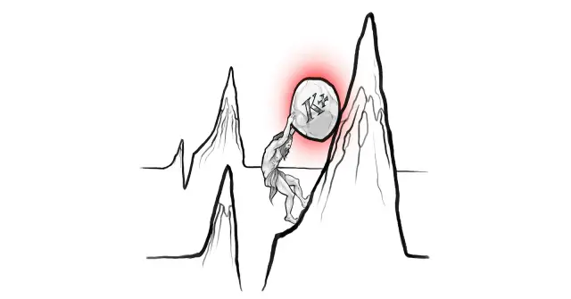 Człowiek dźwiga kamień z symbolem K+ na tle wykresu EKG, symbolizując ciężar hiperkaliemii.